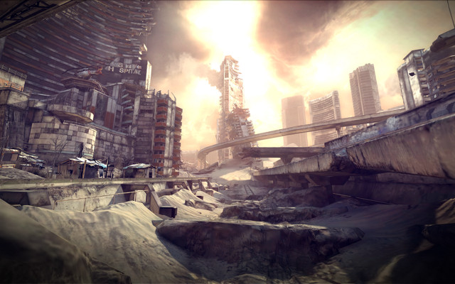 Futuristic city bridge smoke buildings free wallpaper - medium preview image
