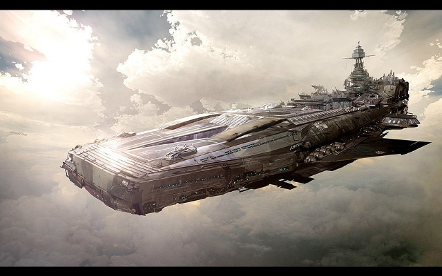 Futuristic ship floating sky clouds free wallpaper - medium preview image