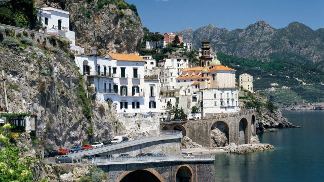 Bridge city mountains river car free wallpaper for desktop - medium preview image