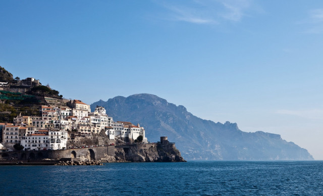 Village cliff ocean mountains boat free wallpaper - medium preview image