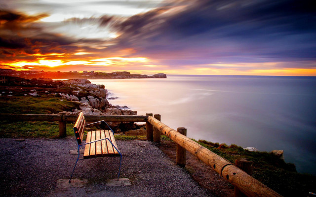 Bench wooden rail ocean sunset free wallpaper - medium preview image