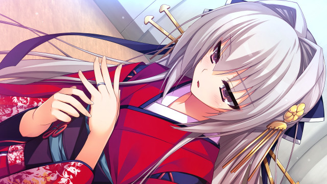 Woman white hair red kimono free wallpaper - medium preview image