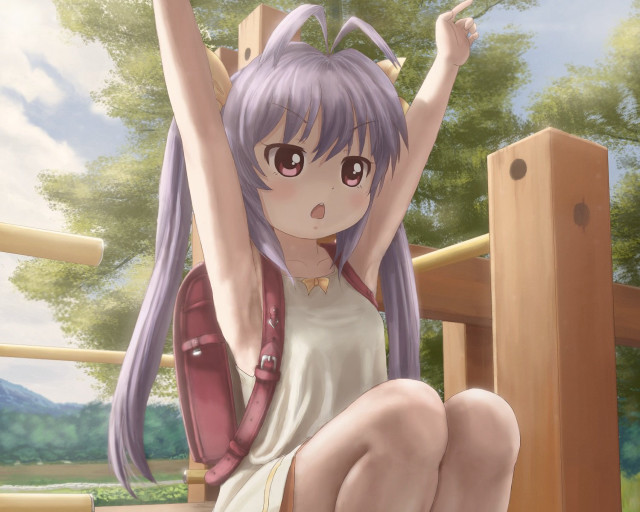 Girl purple hair bench arms free wallpaper - medium preview image