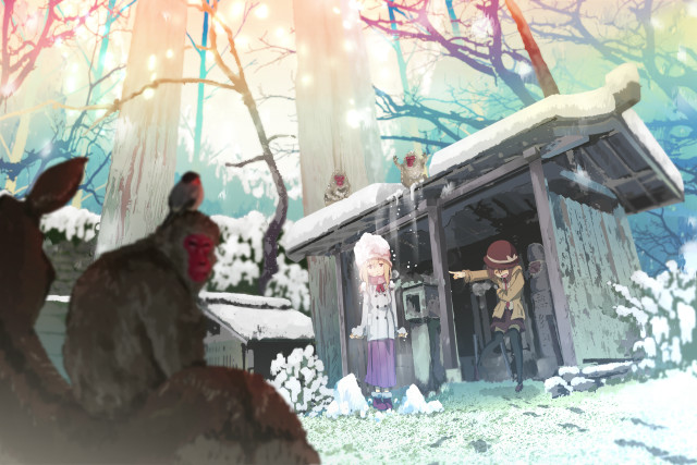Person cabin snow deer standing free wallpaper - medium preview image
