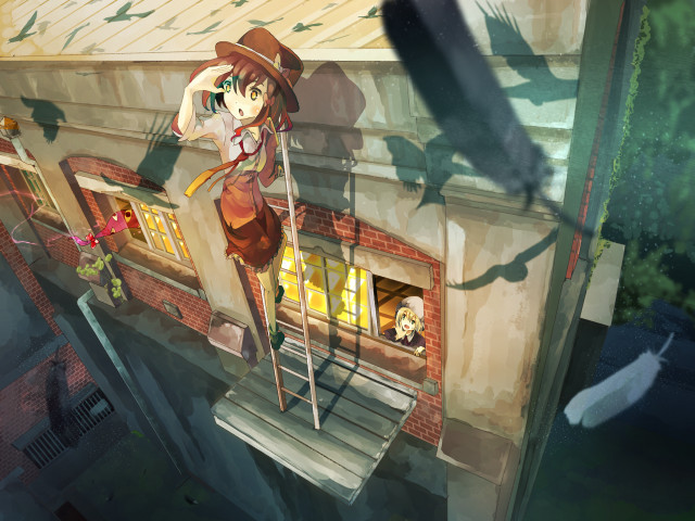 Girl hat dress porch broom free wallpaper - medium preview image