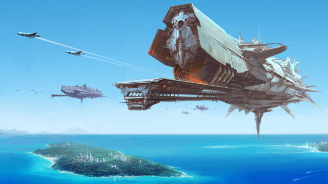 Futuristic ship island ocean plane free wallpaper - medium preview image