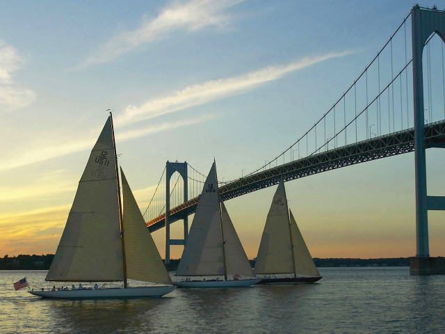 Sailboats sailing bridge sunset background free wallpaper - medium preview image