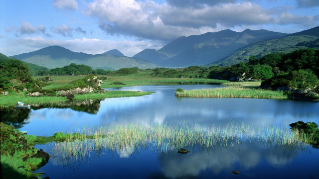 Lake mountains grass foreground clouds free wallpaper - medium preview image
