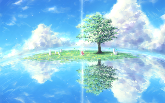 Tree island lake rainbow painting free wallpaper - medium preview image