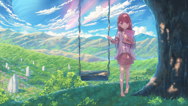 Girl pink dress swing green free wallpaper - medium preview image