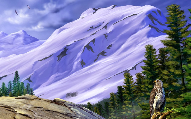Bird perched tree snowy mountain free wallpaper - medium preview image