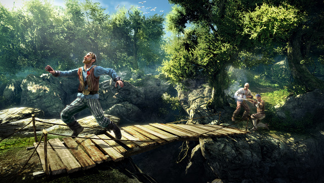 Man walking wooden bridge forest free wallpaper - medium preview image