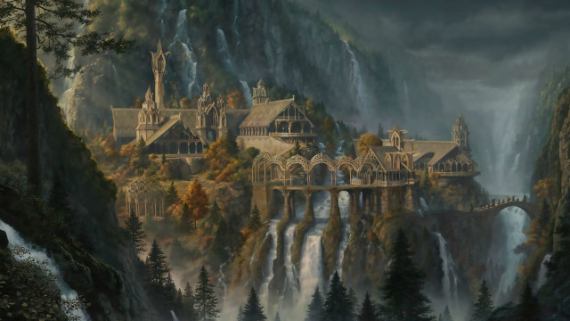 Castle cliff waterfall mountain painting #2 free wallpaper - medium preview image