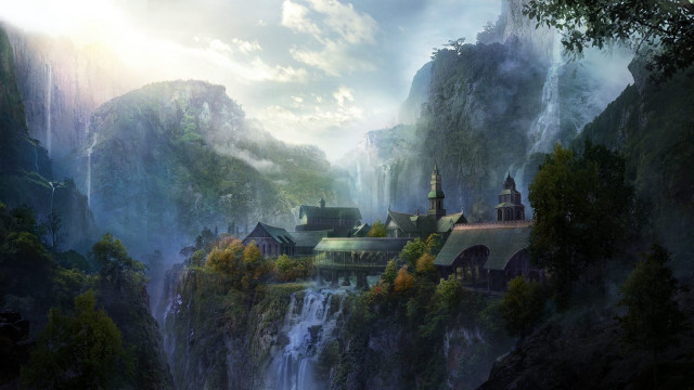 Fantasy castle mountain waterfall below free wallpaper - medium preview image