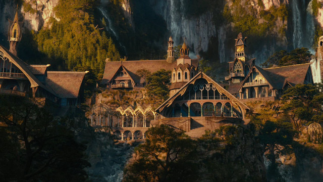 Castle steeple waterfall trees rocks free wallpaper - medium preview image