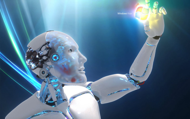 Robot holding glowing object pointing free wallpaper - medium preview image
