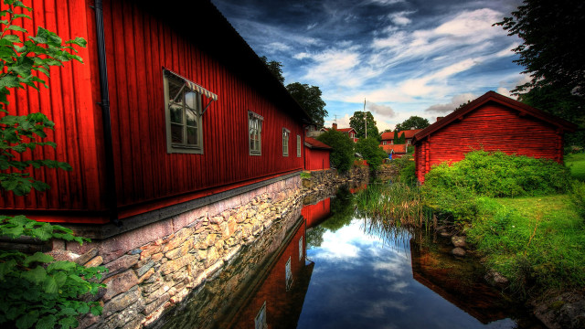 Red building river forest architecture free wallpaper - medium preview image