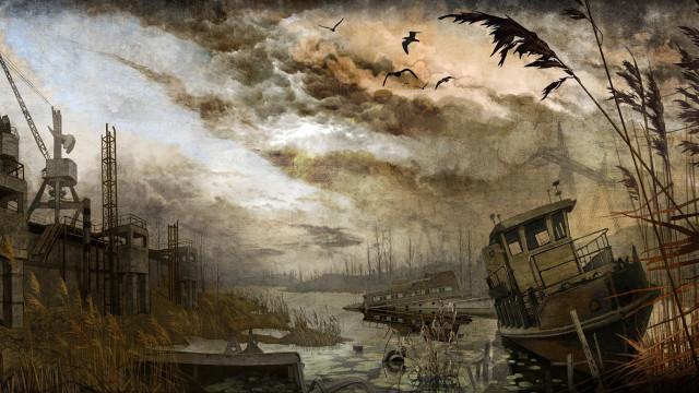 Boat harbor birds flying cloudy free wallpaper - medium preview image