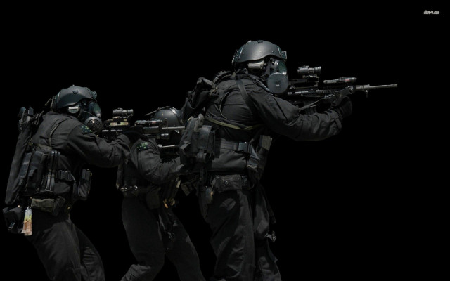 Soldiers black uniforms guns helmets free wallpaper - medium preview image