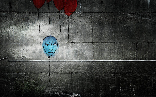 Blue face red balloons concrete free wallpaper - medium preview image