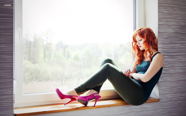Woman sitting window sill legs free wallpaper - medium preview image