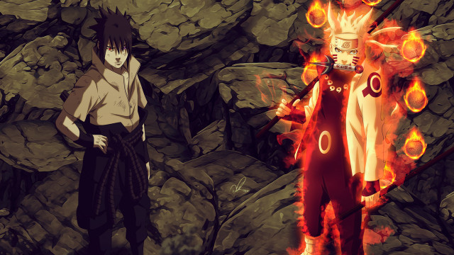 Anime characters rocky area fire free wallpaper - medium preview image