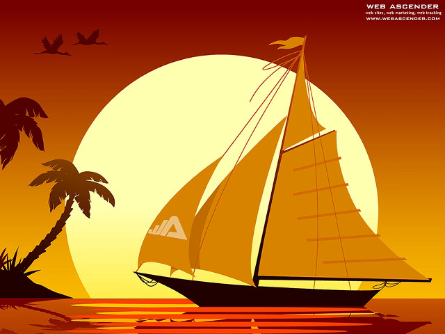 Sailboat sunset ocean palmtrees birds free wallpaper - medium preview image