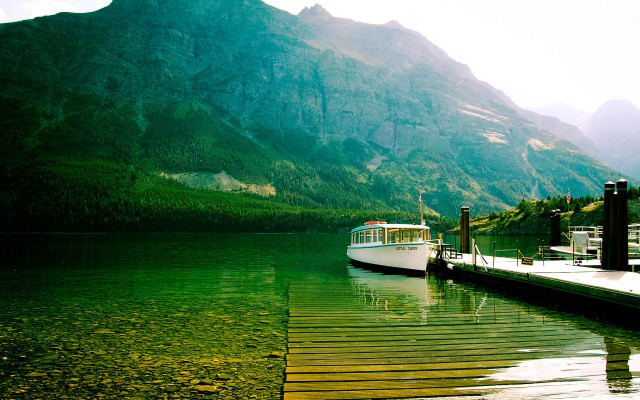 Boat docked mountain lake dock free wallpaper - medium preview image