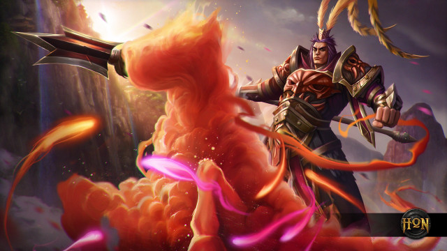 Man holding sword fireball mountain free wallpaper - medium preview image