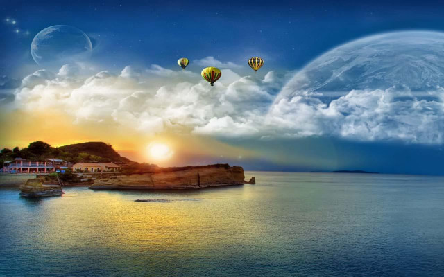 Sunset hotairballoons magicrealism mattefantasy astronaut free wallpaper - medium preview image