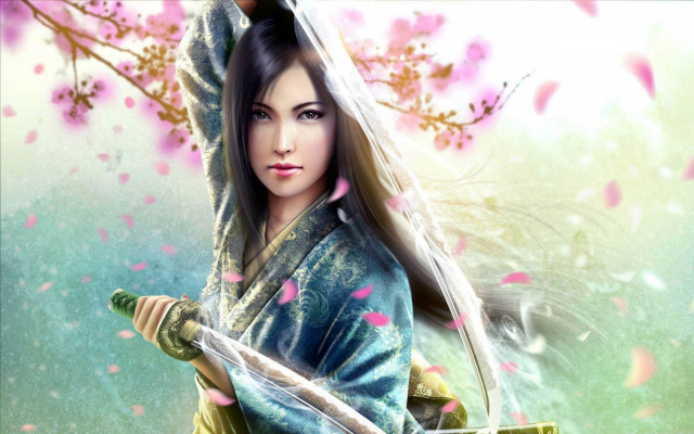 Woman sword tree pink flowers free wallpaper - medium preview image