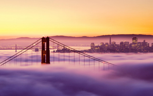 Foggy bridge sunset city distance free wallpaper - medium preview image