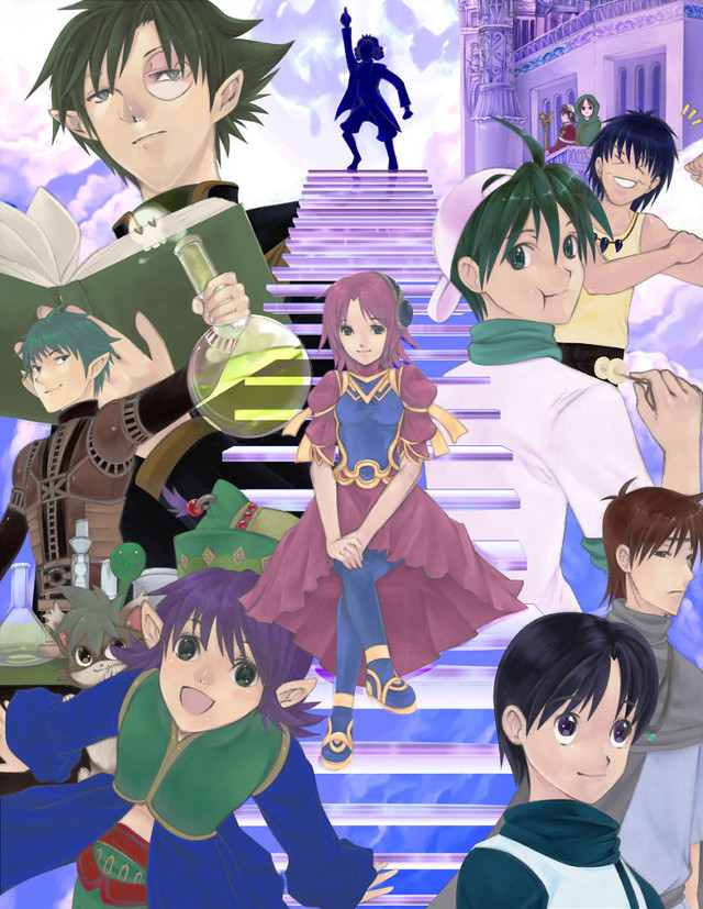 Anime characters stairs sky background free wallpaper - medium preview image