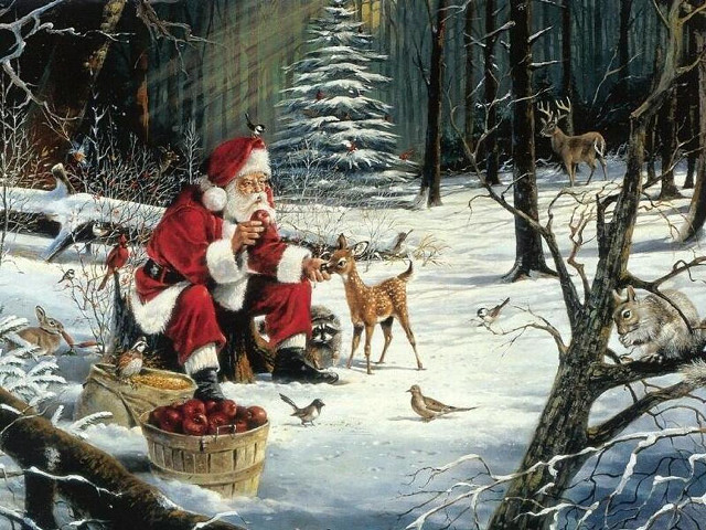 Santa claus woods deers birds free wallpaper - medium preview image