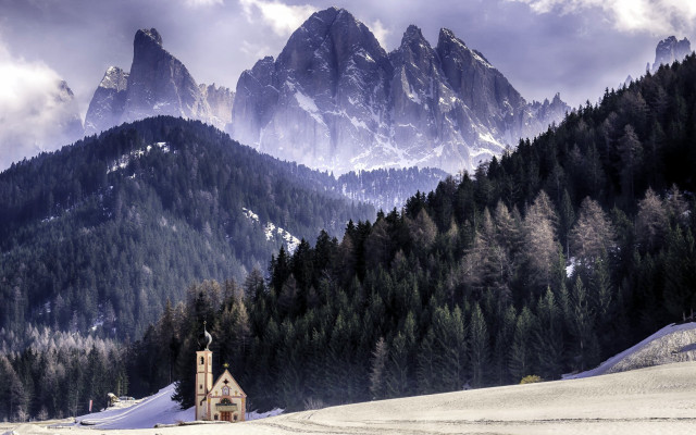 Church snowy mountain range cloudy free wallpaper - medium preview image