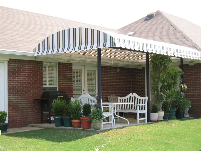 White bench under awning brick free wallpaper - medium preview image