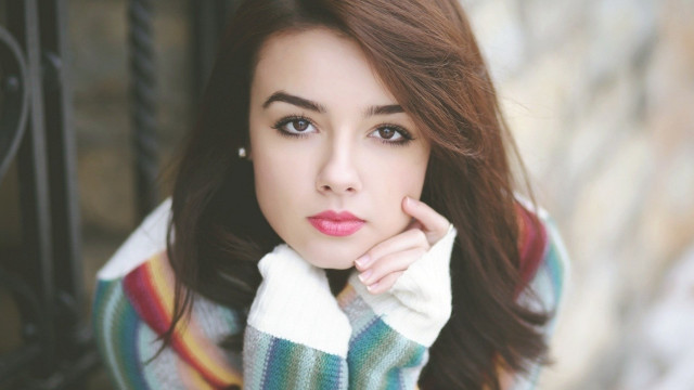 Woman long hair sweater posing #3 free wallpaper - medium preview image