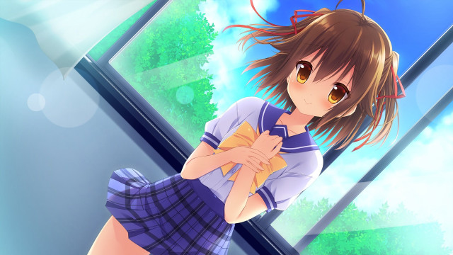 Girl cat schooluniform window blue free wallpaper - medium preview image