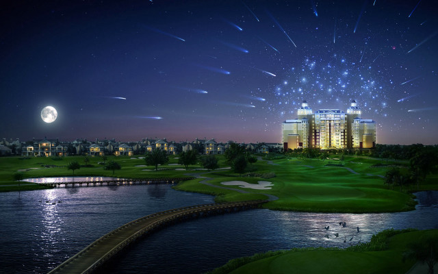 Night golf course fireworks river free wallpaper - medium preview image