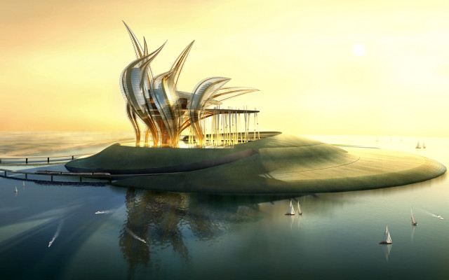 Futuristic floating island building dock free wallpaper - medium preview image