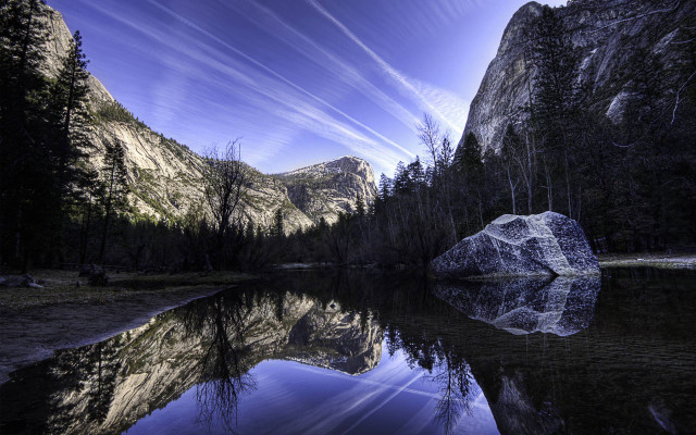 Rock lake mountains trees blue free wallpaper - medium preview image