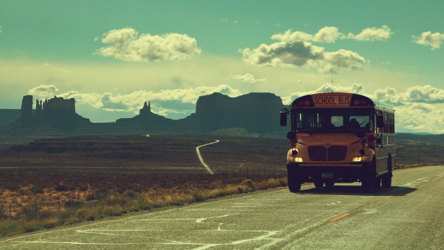 School bus desert road mountains free wallpaper - medium preview image