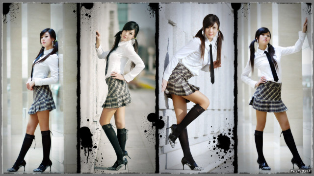 Woman skirt tie posing four free wallpaper for desktop - medium preview image