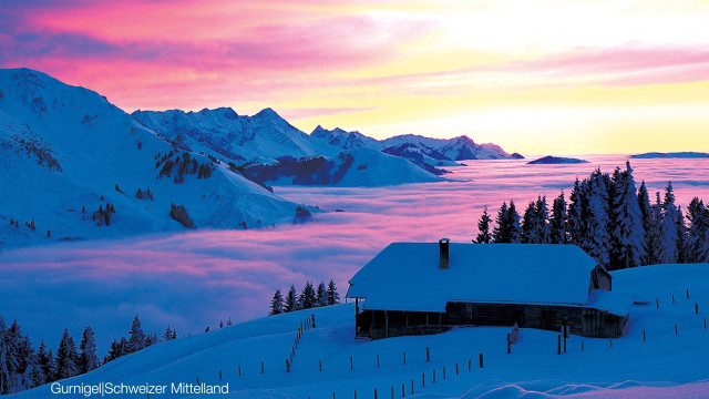 House snowy mountains pink sky #3 free wallpaper - medium preview image