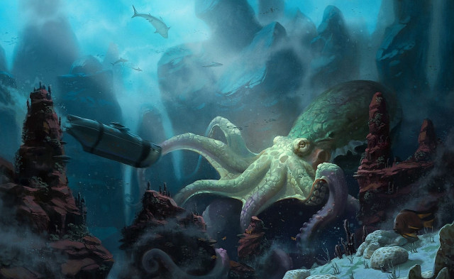 Octopus attacking submarine deep sea free wallpaper - medium preview image