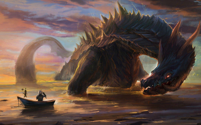 Giant dragon man boat water free wallpaper - medium preview image