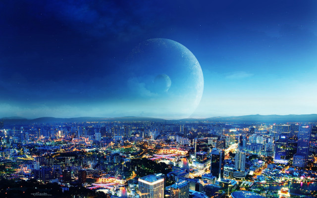 Cityscape large moon distant object #2 free wallpaper - medium preview image