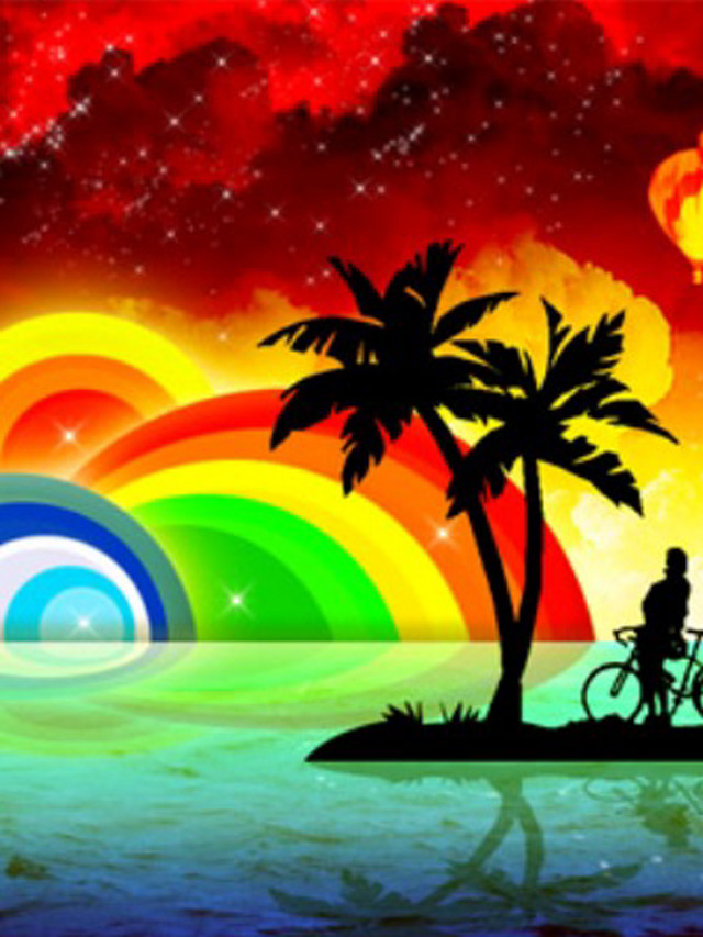 Man riding bike beach rainbow free wallpaper - medium preview image