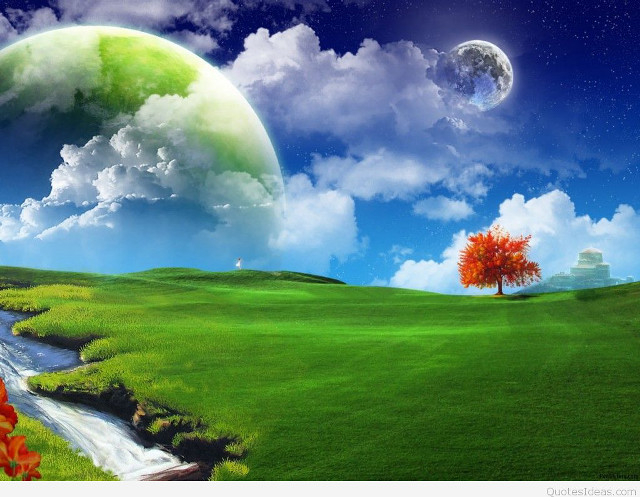 Green field tree stream painting free wallpaper - medium preview image