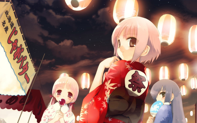 Anime girls building lanterns hanging free wallpaper - medium preview image